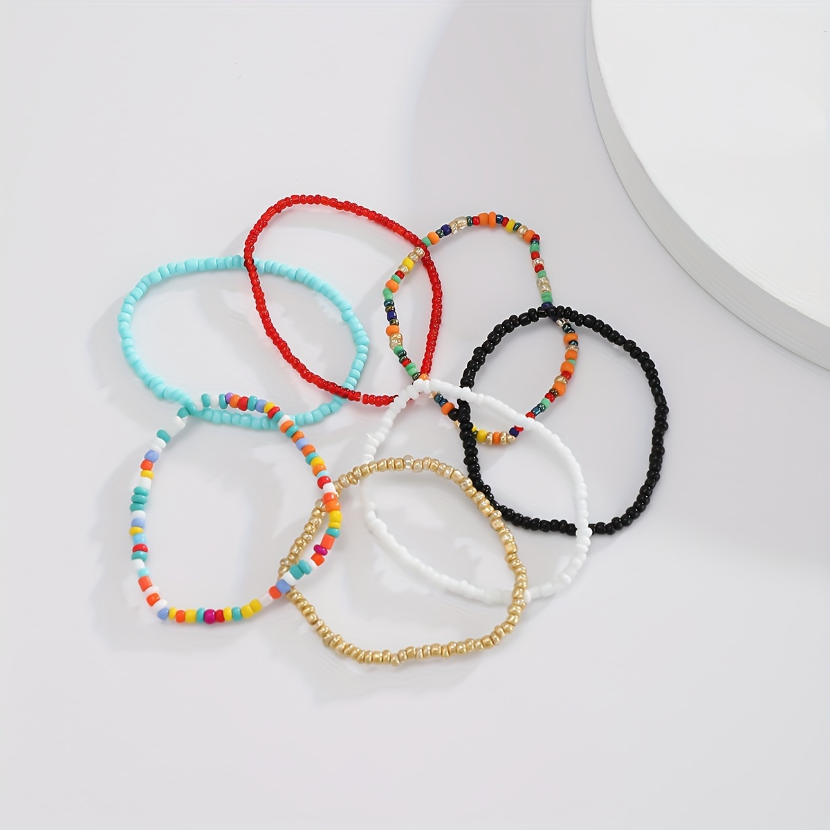 7pcs Colorful Glass Rice Bead Anklet Set for Women
